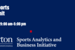 A promotional banner for the Wharton Sports Business Summit, featuring the University of Pennsylvania's Wharton School logo and mentioning the Sports Analytics and Business Initiative.