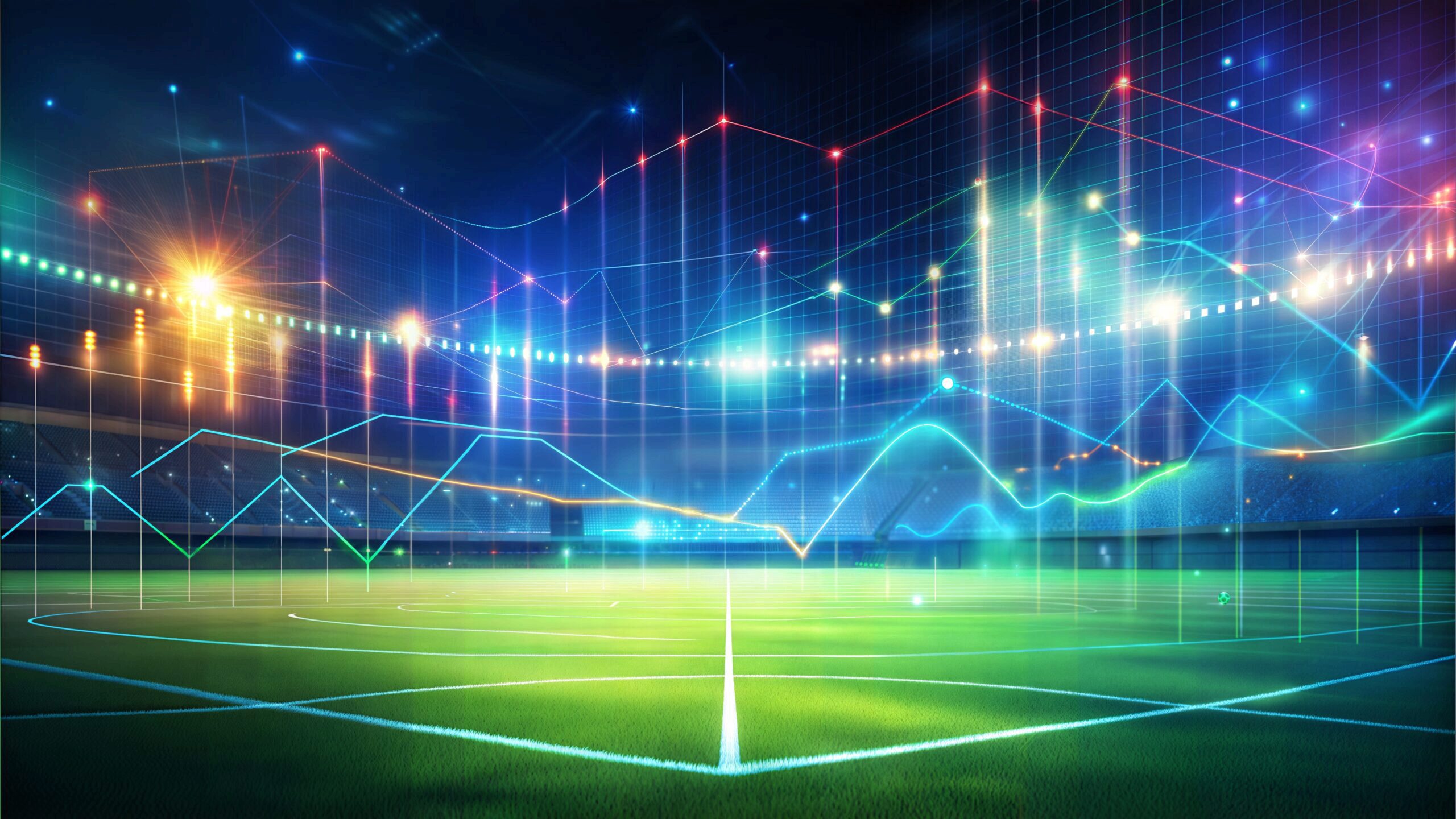 A brightly lit soccer stadium with dynamic line graphs overlaying the field, representing sports analytics or data visualization.