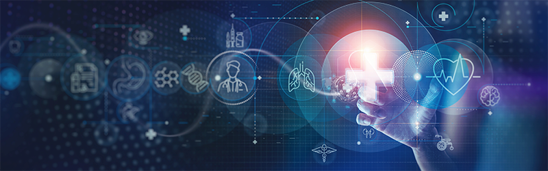 A hand interacting with various digital medical icons, including a cross, heart, and lungs, symbolizing healthcare and technology integration.