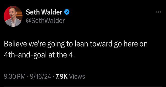 A tweet from Seth Walder discussing a decision to "go here on 4th-and-goal at the 4," indicating a football context.