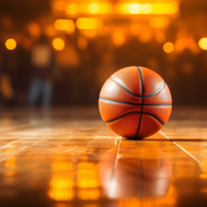 A basketball lying on a wooden court floor with a blurred, warmly lit background, suggesting a game or sports event atmosphere.