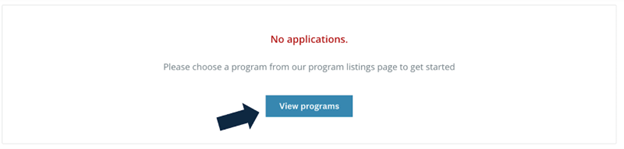 Message stating "No applications" with a prompt to choose a program from a listings page. A blue button labeled "View programs" is indicated by a dark arrow.