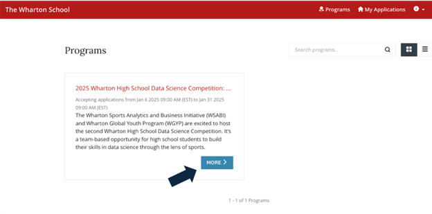 The image shows a webpage from The Wharton School featuring a program called "2025 Wharton High School Data Science Competition." It includes details about application dates and a brief description of the competition, which is aimed at high school students interested in data science