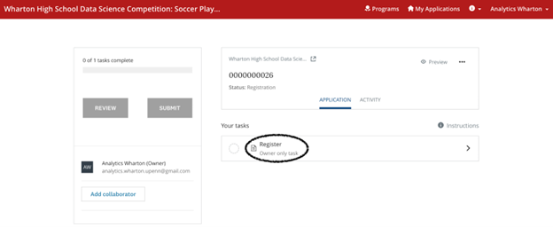 Screenshot of an application interface for the Wharton High School Data Science Competition. It shows task completion status, a register task labeled as owner-only, and an option to add collaborators.