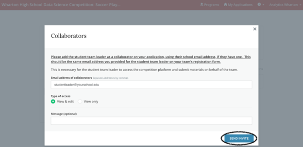 A screenshot of a web form titled "Collaborators" for adding collaborators to an application, with fields for email address, type of access, and an optional message. A "Send Invite" button is highlighted.