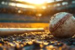 A baseball and a bat on a dirt field, illuminated by warm sunlight, representing an outdoor baseball game setting.