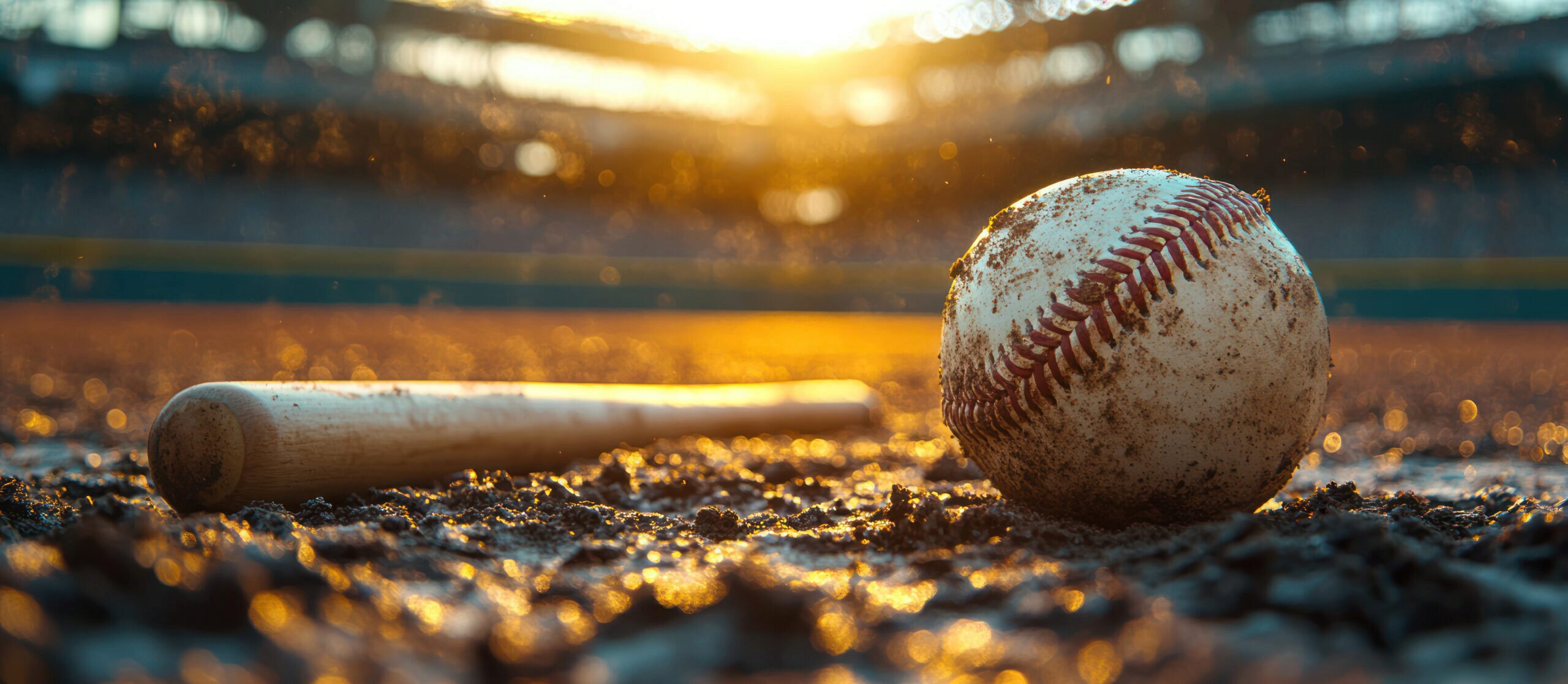 A baseball and a bat on a dirt field, illuminated by warm sunlight, representing an outdoor baseball game setting.