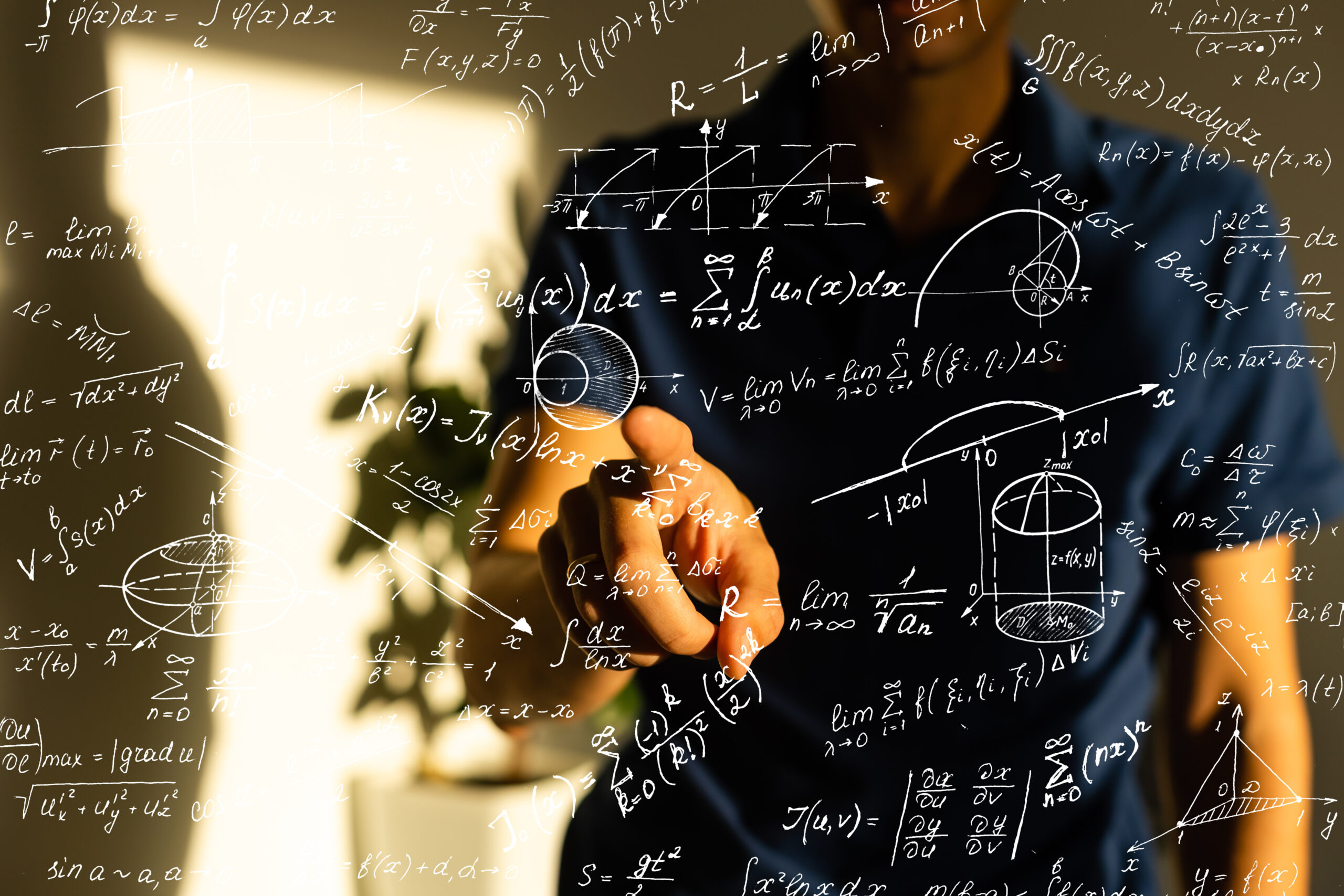 A person is writing complex mathematical equations on an invisible surface, with various symbols and diagrams floating in the foreground.