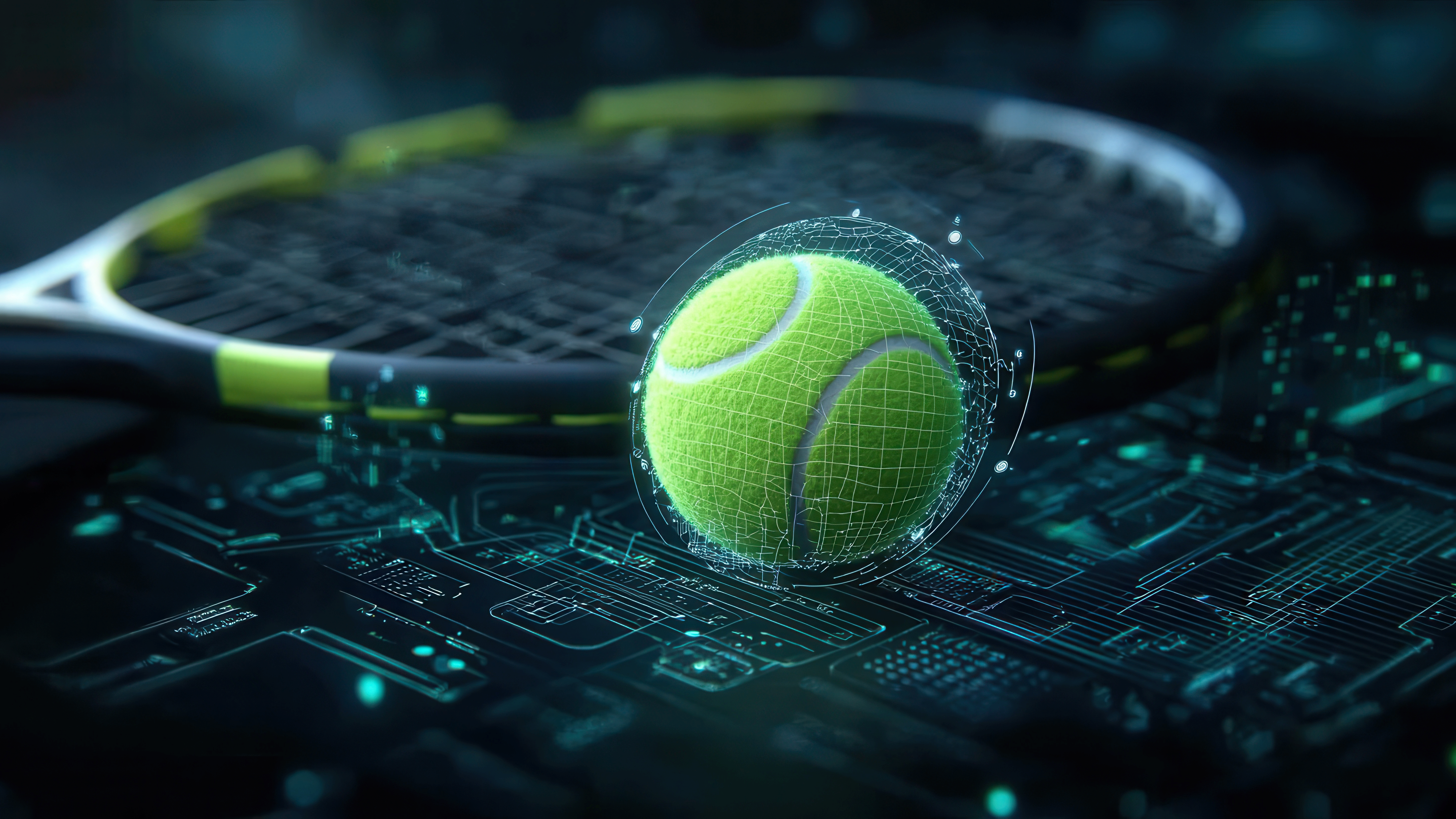 AdobeStock_1244868921 A tennis ball with digital graphics overlay is depicted in front of a tennis racket. The scene combines elements of sports and technology.