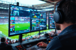 A person with headphones monitors multiple screens displaying sports statistics and a live soccer match in a stadium setting.