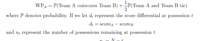The image contains a mathematical formula for calculating the winning probability (WP) of Team A in a sports context. It includes variables for probability, score differentials, and remaining possessions.
