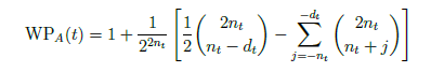 The image shows a mathematical equation for WPA(t), which is a function involving variables and summations.